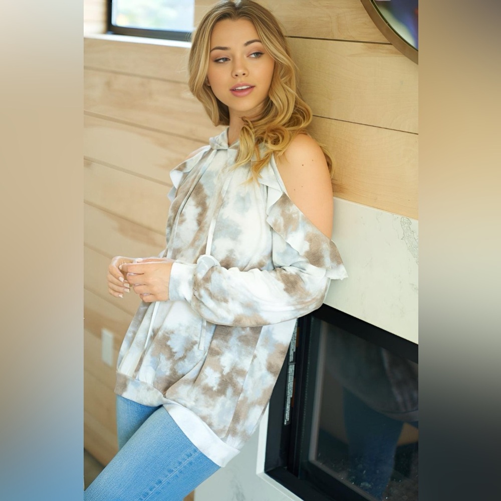 NWT - Tie-Dye Cold Shoulder Hoodie - Blue/Brown
